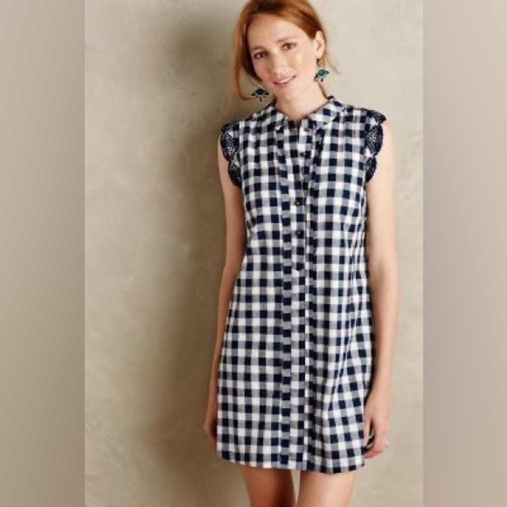 Dear Creatures Anthropologie Trinette Gingham Plaid Lace Dress pockets Navy M